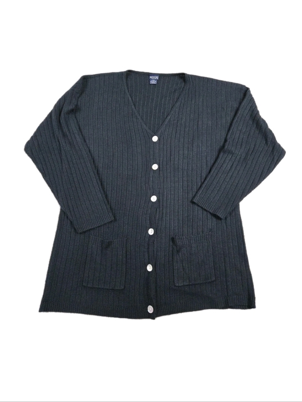 Vtg Honors Black Pearl Button Cardigan Plus 20W Pockets Stretch Ribbed Cozy Knit